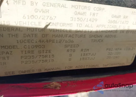 1993 Chevrolet Gmt-400 C1500 из США, поврежденный, VIN 1GCEC14K4PE127636